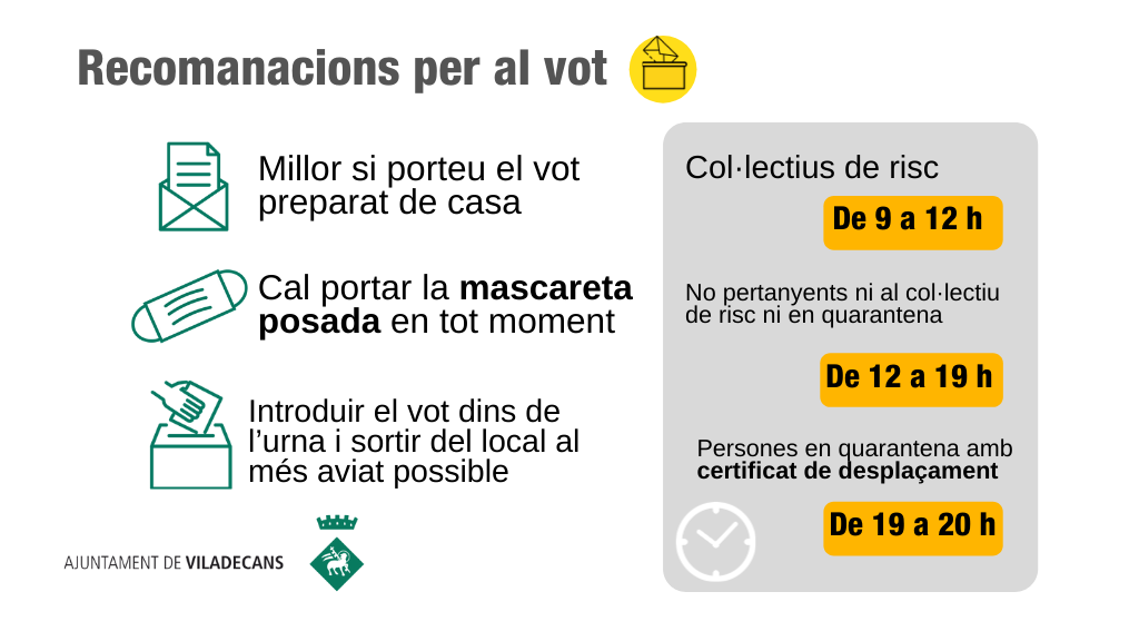 Recomancions de vot: Es recomana el vot per correu amb cita prèvia a l'Oficina de Correus. En cas de vot presencial cal tenir en compte que la franja horaria de 9 a 12 h és prioritaria per a persones en risc, i la de 19 a 20 h és per a persones amb COVID